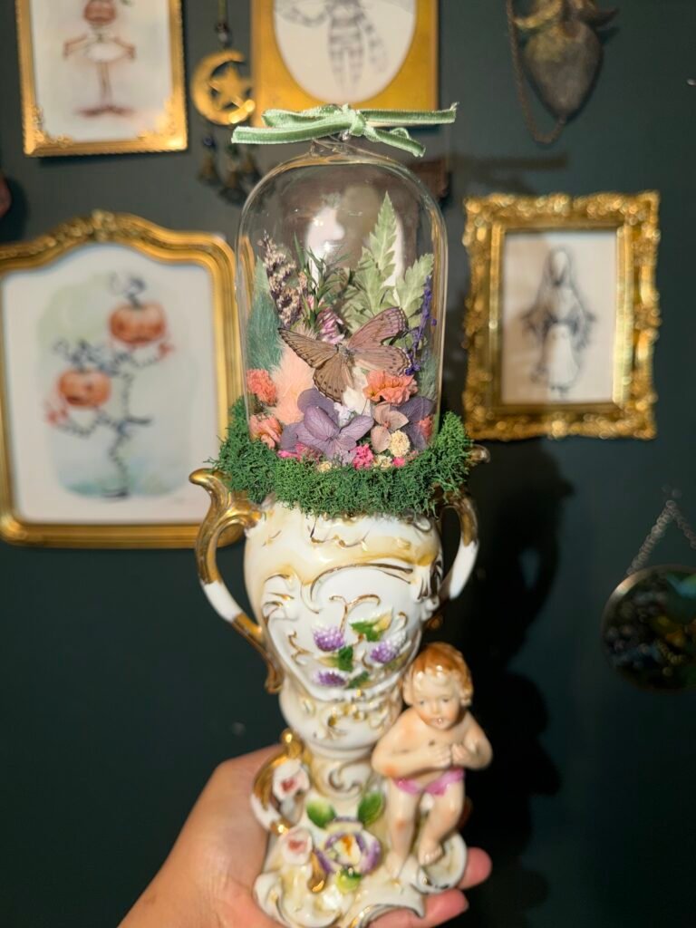 Spotted Lilac Tree Nymph in Vintage Cherub Vase